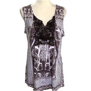 Style & Co Size XL Brown White Liquid Knit Lace Detail Sleeveless Top Blouse
